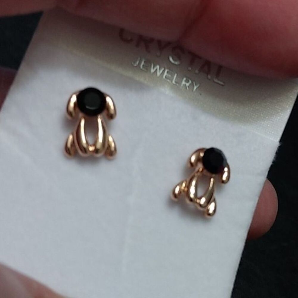 Gold tone crystal puppy dog earrings black